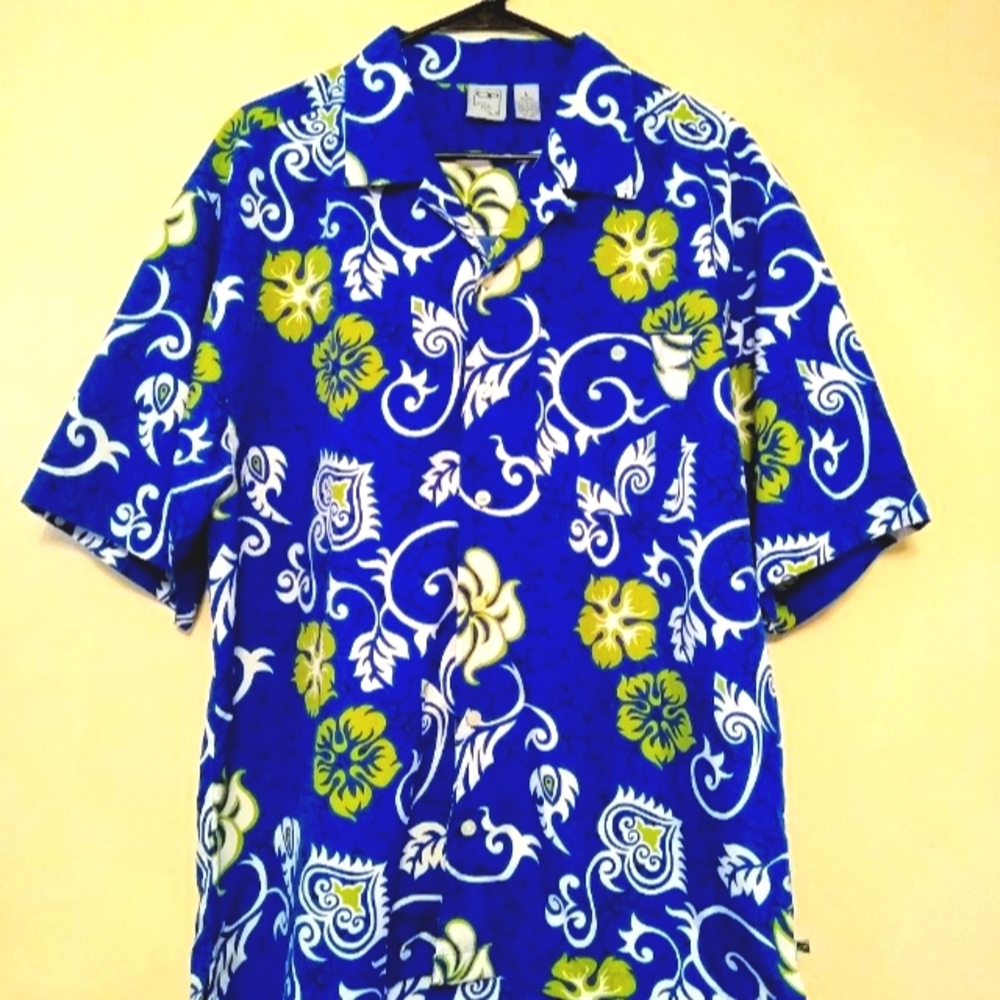 Ocean Pacific Hawaiian Shirt Men's Large Blue Green Floral Aloha Short Sleeve